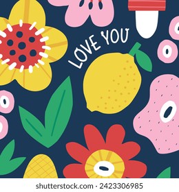 Floral vector greeting card with flowers, fruit, lemon, berry, plant, leaf, mushroom, bushes, nature in hand drawn flat style. Modern stylish illustration for 14 February