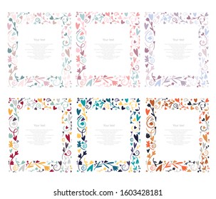 Floral vector greeting card template set. Frame with hand-drawn leaves, flowers, hearts, doodle illustrations. Border for text. Article style design idea, wedding invitation, holiday poster. 