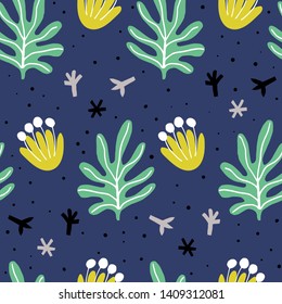 Floral vector hand drawn seamless pattern on blue background. Botanical vector backdrop. 