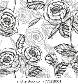 Floral vector hand pattern bloom flowers graphic hand made illustration. Beautiful outlines roses blossom oriental style design for wrapping and card celebration