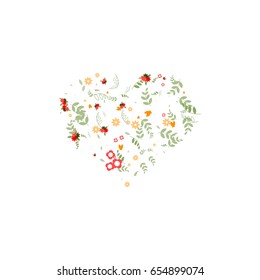 Floral vector heart symbol made of little cute flowers, leaves, branches on white background. Light simple natural random confetti print. Banners, poster, cards, scrapbooking, wedding, t-shirt.