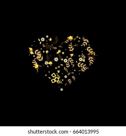 Floral vector heart symbol made of little cute flowers, leaves, branches on black background. dark simple natural random confetti print. Banners, poster, cards, scrapbooking, wedding, t-shirt.