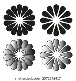 Floral vector icons. Black and gradient flowers. Minimal petal shapes. Symmetric flower designs.