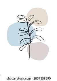 Floral Vector Illustration with Black Hand Drawn Twig and Cream, Blue and Light Brown Dots Isoalted on a White Background. Modern Botanic Drawing Ideal for Wall Art, Card, Poster, Invitation.