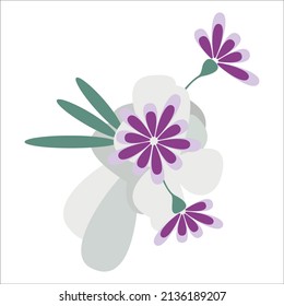 Floral vector illustration. Bunch of flowers and leaves isolated. Flat cartoon composition for print, pattern, banner, background or greeting card. Holiday decor design element.