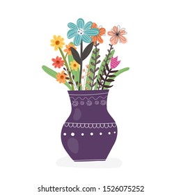 Floral vector illustration with a caricature cute bouquet in a vase. hand drawing. ornament. isolated. flower theme.