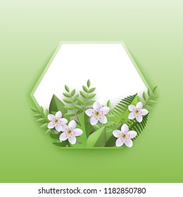 Floral vector illustration with cherry or apple flowers with fresh green leaves on hexagon shape badge isolated on tender background. Beautiful seasonal decorative element.