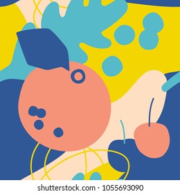Floral vector illustration. Hand drawn pattern with modern exotic jungle fruits and plants