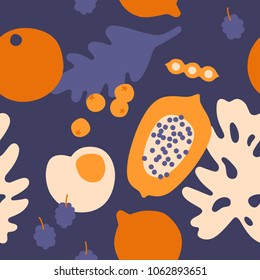 Floral vector illustration. Hand drawn pattern with modern exotic jungle fruits and plants