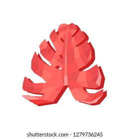 Floral vector illustration of a monstera leave in coral color and low poly style.