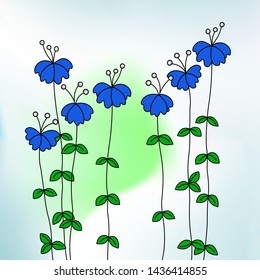Floral vector illustration on light gradient background.  Blue flowers, doodle style.  Art sketch.