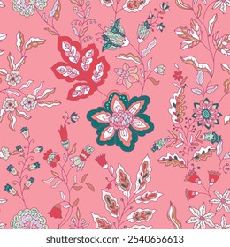 Floral vector illustration on a pink background with elegant flowers and leaves. Perfect for wallpaper, textiles, and gift wrap.