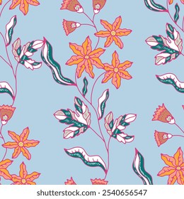 Floral vector illustration with orange flowers and leaves on a light blue background. Ideal for decorative projects and printed designs.