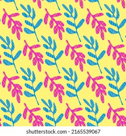 floral vector illustration seamless pattern, neon colors, leaf branches, isolated on yellow background