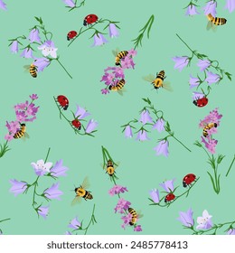 Floral vector illustration. Seamless print with lavender, campanula, ladybugs and bees on a green background. For decorating textiles and packaging.