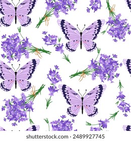 Floral vector illustration. Seamless print with lavender and butterflies on a white background. For decorating textiles and packaging.