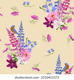 Floral vector illustration. Seamless print with lily, lupine, chrysanthemum, bellflowers and birds on a beige background. For decorating textiles and packaging.