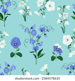 Floral vector illustration. Seamless print with bluebells, sweet pea and pansies on a blue background. For decorating textiles and packaging.