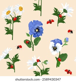 Floral vector illustration. Seamless print with chamomile, pansies and ladybugs on a beige background. For decorating textiles and packaging.