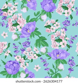 Floral vector illustration. Seamless print with lavender, cherry flowers and peonies on a turquoise background. For decorating textiles and packaging.