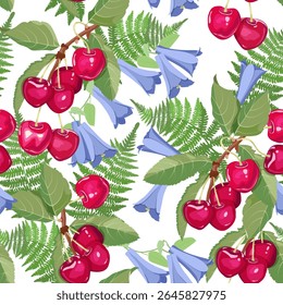 Ilustração de vetor floral. Impressão perfeita com campanula, bagas de cereja e samambaia em um fundo branco. Para decoração de têxteis e embalagens.