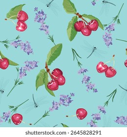 Ilustração de vetor floral. Impressão perfeita com lavanda, frutos de cereja e libélulas em um fundo azul. Para decoração de têxteis e embalagens.