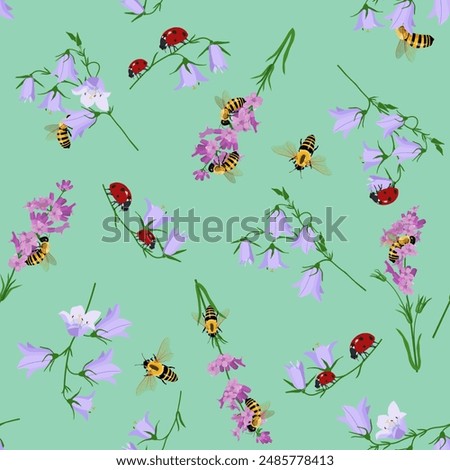 Floral vector illustration. Seamless print with lavender, campanula, ladybugs and bees on a green background. For decorating textiles and packaging.