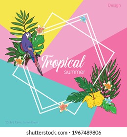 Floral vector illustration template set for postcard, business card, or advertising banner. Space for the text. Stock illustration. A bright greeting card for an invitation or event. Purple parrot