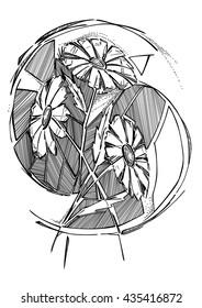 A floral vector illustration of three flowers. Stylized monochrome chamomiles, with leaves, and strokes on the background.