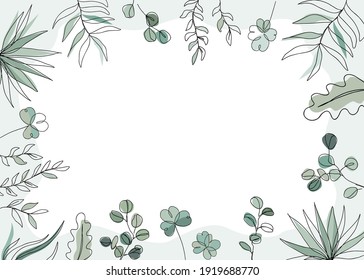 Floral vector illustration in trendy continuous line drawing style. Plants and leaves frame background with copy space for text.