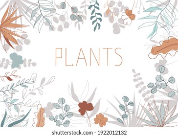 Floral vector illustration in trendy continuous line drawing style and pastel colors. Plants and leaves frame background with copy space for text.