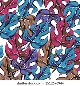 Floral vector illustration. Tropical forest botanical motifs. Seamless vector texture for fashion prints with in hand drawn style fabric.