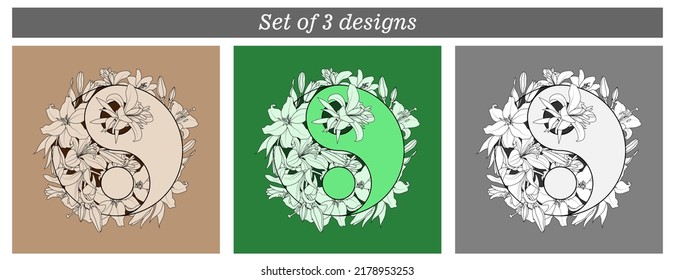 Floral vector illustration of Yin Yang symbol monochrome. Set of 3 backgrounds. Design for postcards, covers.