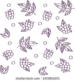Floral vector illustrations. Monochrome seamless pattern wallpaper with branches, leaves and raspberry berries on the white background