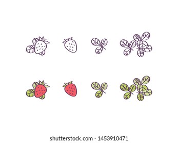 Floral vector illustrations. Thin line icon set with branches, leaves and strawberry berries