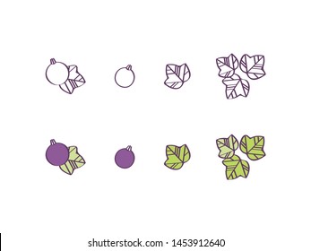 Floral vector illustrations. Thin line icon set with branches, leaves and blackcurrant berries