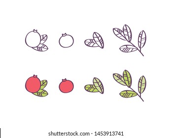 Floral vector illustrations. Thin line icon set with branches, leaves and cranberry berries