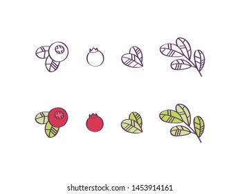 Floral vector illustrations. Thin line icon set with branches, leaves and cowberry berries