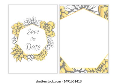 Floral vector invitation, hand drawn succulents bohemian style design, gold elements.