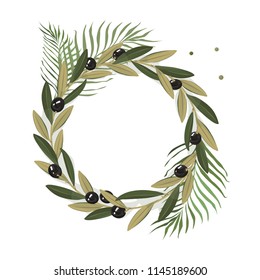 Floral vector invite card Design with green branches of olives elegant greenery leaf herbal forest round circle wreath frame, border print. Vector garden botanical illustration, Wedding Invitation	