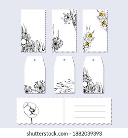 floral vector isolated compositions on postcards and stickers. decorations for greeting cards, invitations, banners, flyers.podsolnechnik, chamomile, grass, wild flowers