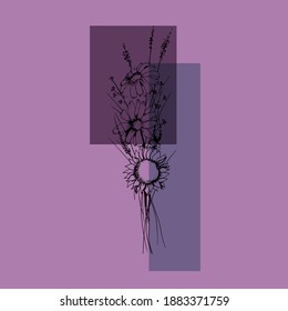 floral vector isolated compositions on postcards and stickers. decorations for greeting cards, invitations, banners, flyers.sunflower, chamomile, grass, wild flowers
