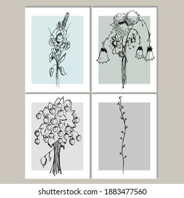 floral vector isolated compositions on painting, panel on the wall. decorations for greeting cards, invitations, banners, flyers.sunflower, chamomile, grass, wild flowers