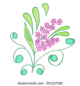 Floral vector isolated hand drawn element on white background for decoration. Green pink color brush paint watercolor flower kids stylized illustration for design, print