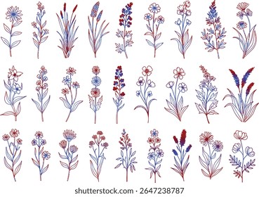 Floral Vetor Line Art Apresentando Gradiente Flores e folhagem com um Rústico, desenhado à mão estética para um Design Encantador e Timeless
