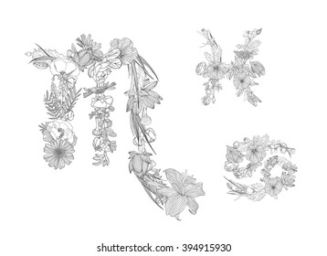 Floral vector linear zodiac. Water element. Cancer, Scorpius, Pisces.  Black on white