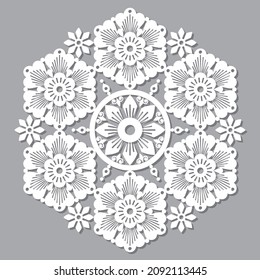 Floral vector mandala design styled as traditional carverd wall panels from Morocco, boho arabic pattern with flowers, leaves and swirls
