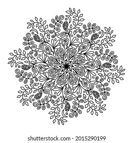 Floral vector mandala with flowers and leaves in doodle style isolated on white background. Funny coloring and cute illustration for seasonal design, textile, decoration kids playroom or greeting card