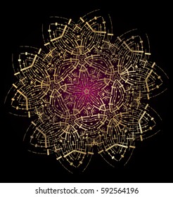 Floral vector Mandala on black background. Decorative Color full insulated. Gold and crimson, the color purple.