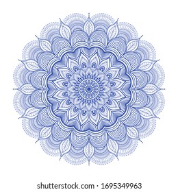 Mandala vector floral para su diseño. Elemento decorativo para tarjetas, carteles, invitaciones, volantes, yoga, meditación. Motivos islámicos, árabes y otomanos. Mandala azul redondo sobre un fondo blanco aislado.